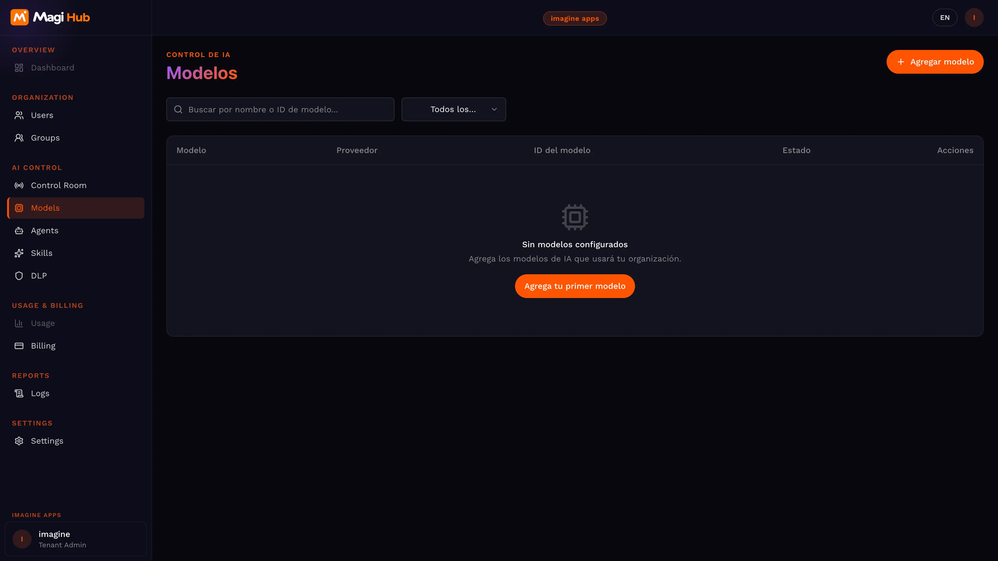 MagiHub admin · agentes de IA