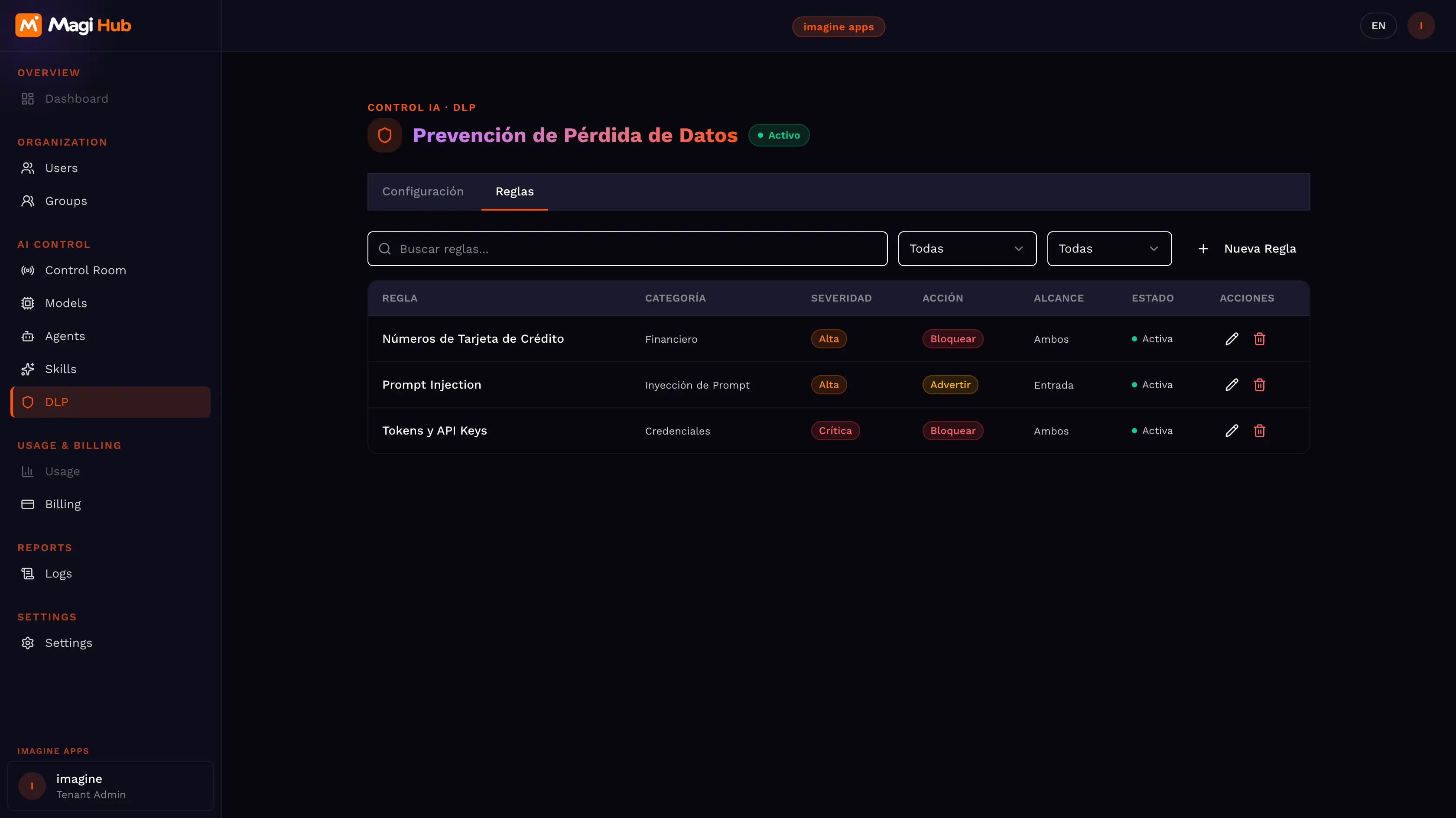 MagiHub admin · reglas de prevención de pérdida de datos