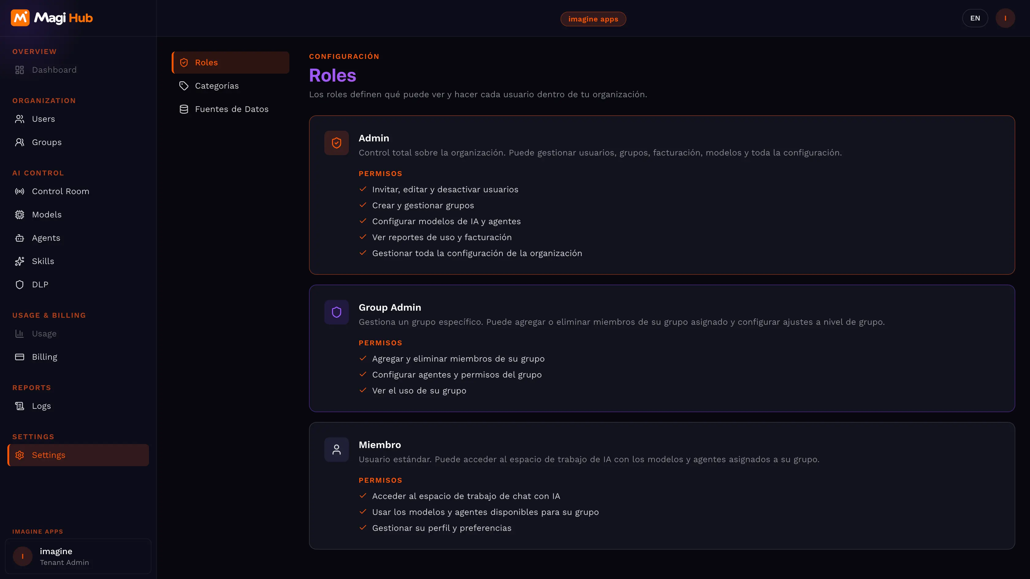 MagiHub admin · manage users, roles and access from one console